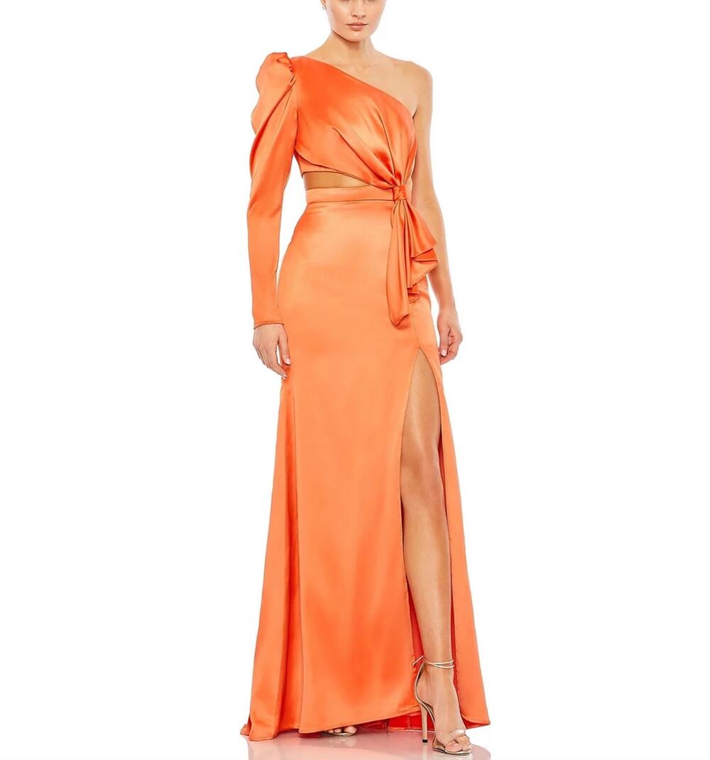 Mac Duggal 49570 Orange Evening Gown Satin One Shoulder Cut Out Dress Size 4